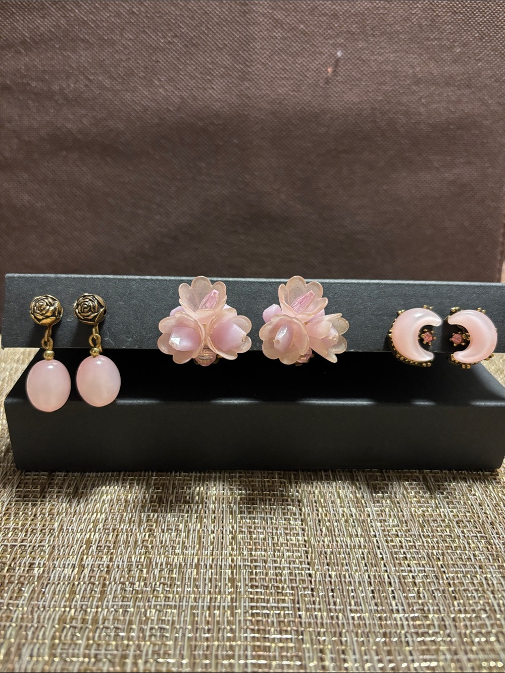 Vintage opalescent pink earring bundle moon and floral